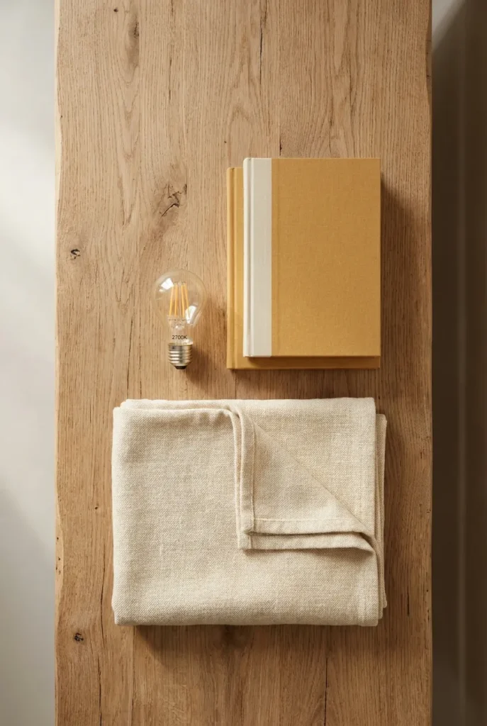 Flat-lay of reading nook essentials warm bulb, linen throw, and books on oak.