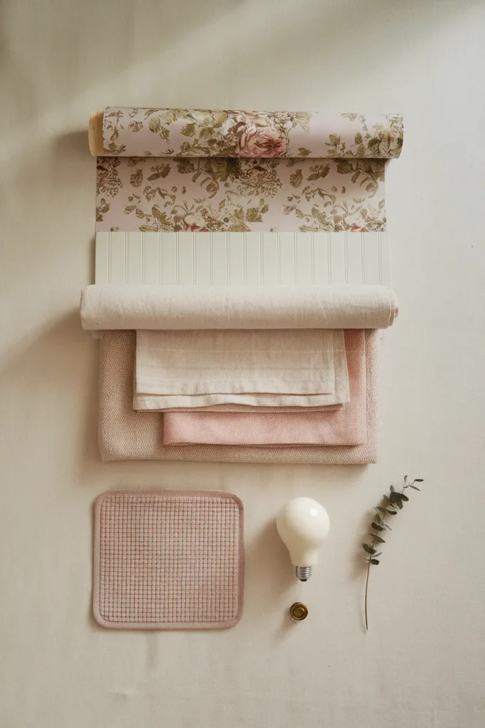 Flat lay of renter friendly cottagecore bathroom supplies sorted into three layers.
