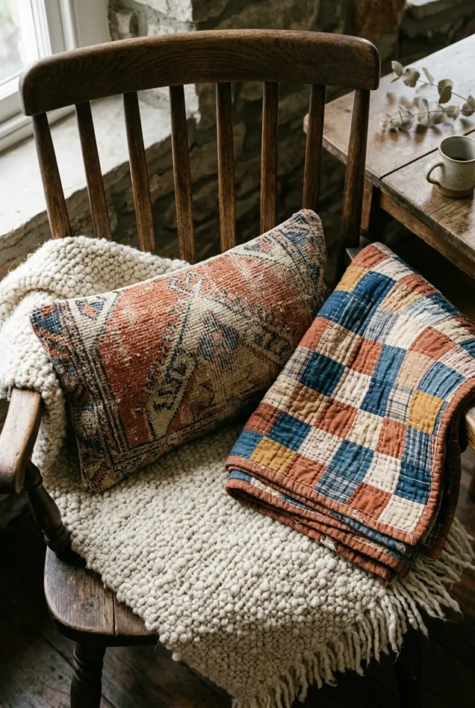 Flat-lay of vintage kilim pillow and wool throw layered on a reading chair.