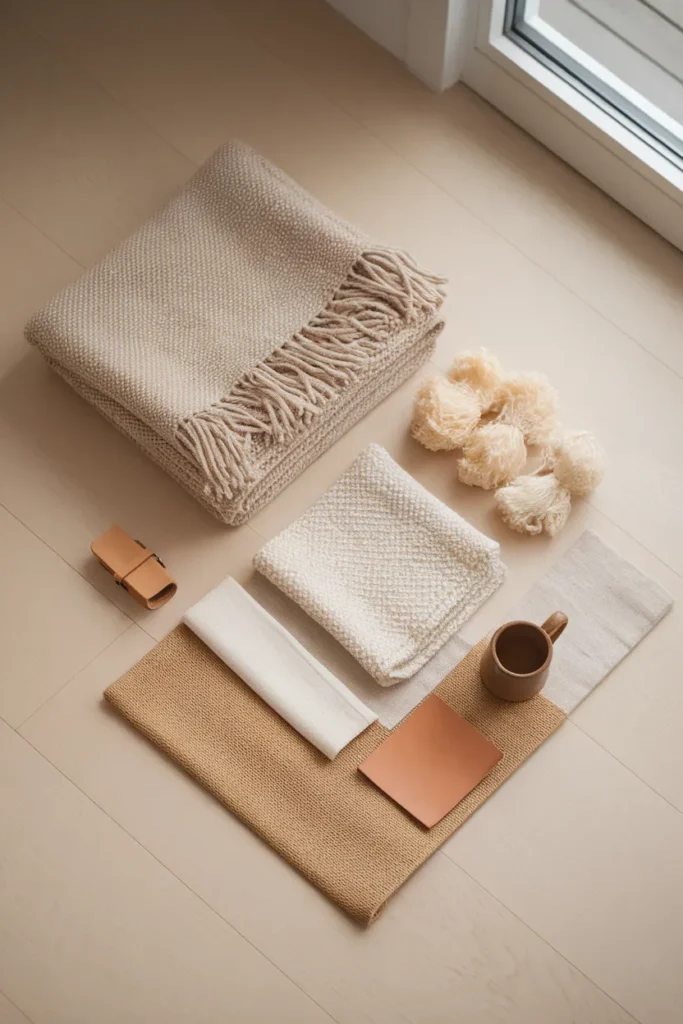 Flat lay of wool, boucle, linen and leather texture swatches for cozy home decor