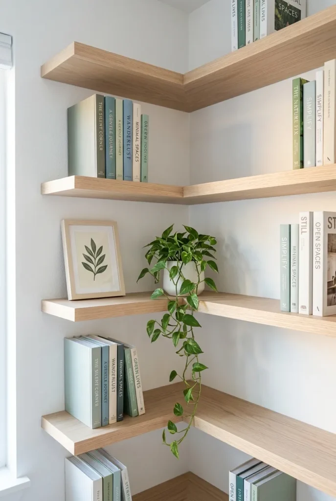 Floating corner shelves with upright books and a trailing plant on a white wall.