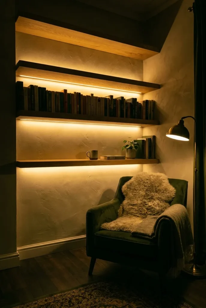 Floating shelves with hidden warm LED backlighting above a green velvet reading chair at night.