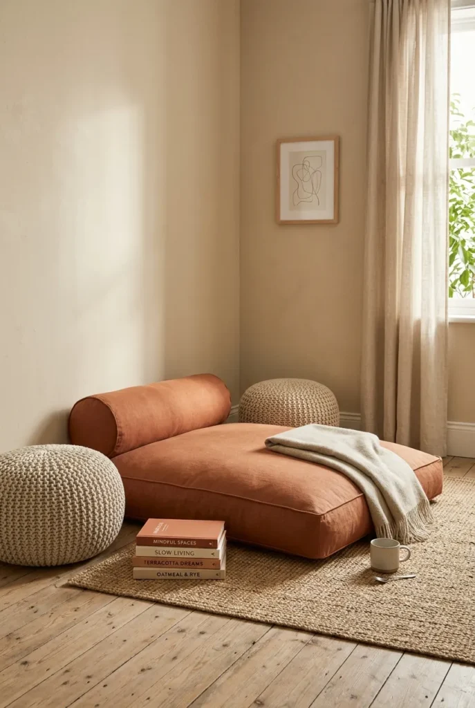 Floor cushion and poufs forming a cozy corner fall reading nook without a chair.