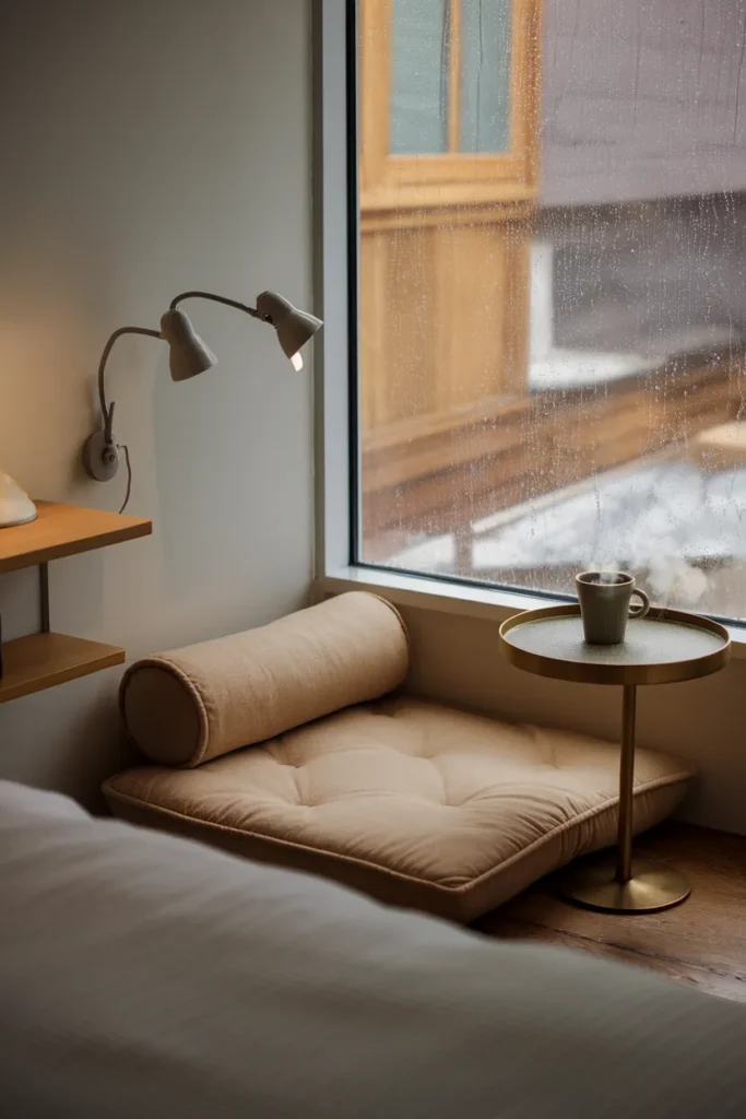 Floor cushion reading corner beside the bed in a tiny cottage bedroom on a rainy day