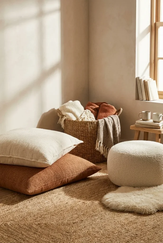 Floor cushion reading nook for two with cream and rust pillows, a pouf, and a jute rug.