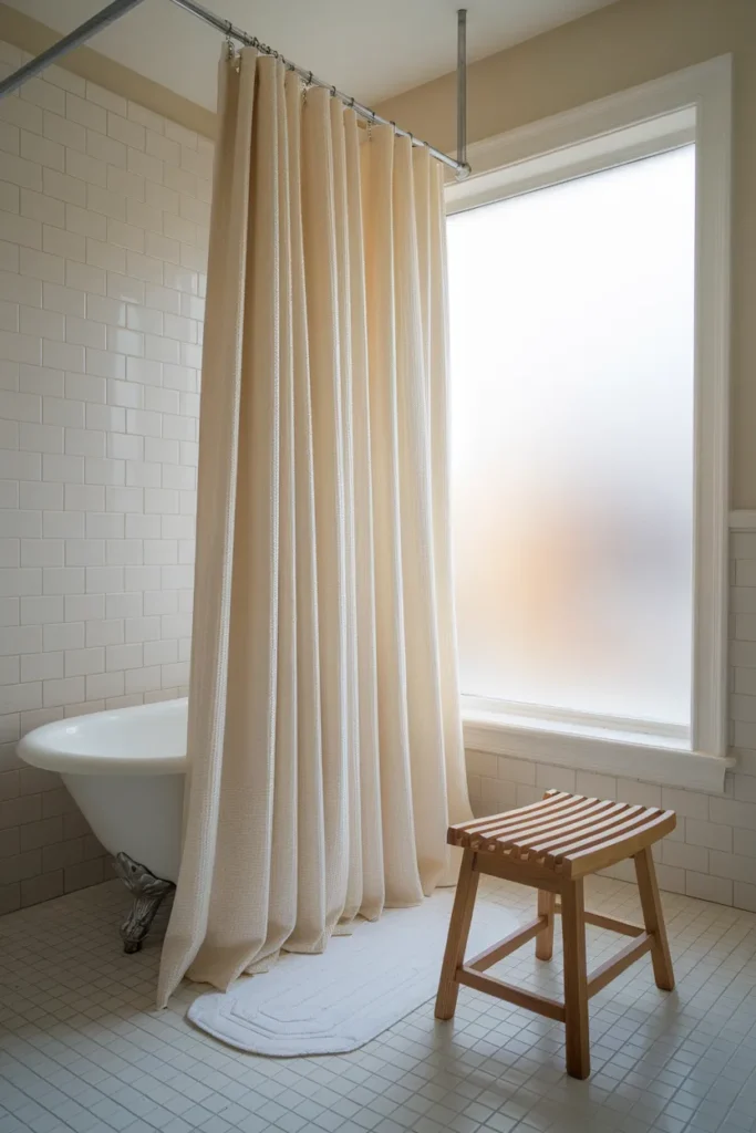 Floor-length cream curtain making an alcove bathtub look freestanding.