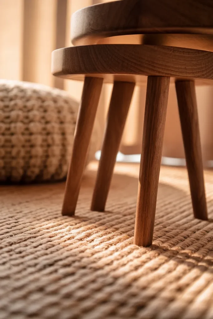 Floor-level view across a jute rug to two nested round wooden side tables and a boucle pouf.