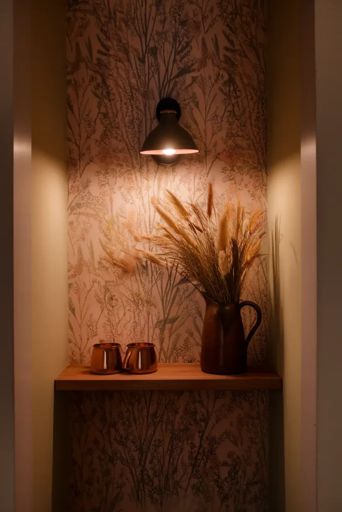 Floral peel-and-stick wallpaper on a small kitchen nook wall with copper mugs and warm lamp light.