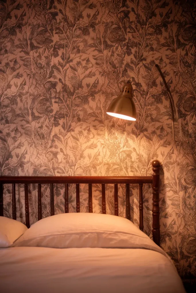 Floral wallpaper accent wall behind a vintage spindle bed with warm lamp light