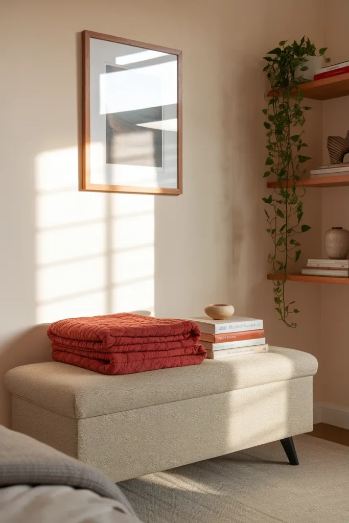 Foot of a bed styled with a bench, folded quilt, and books in a cozy bedroom.
