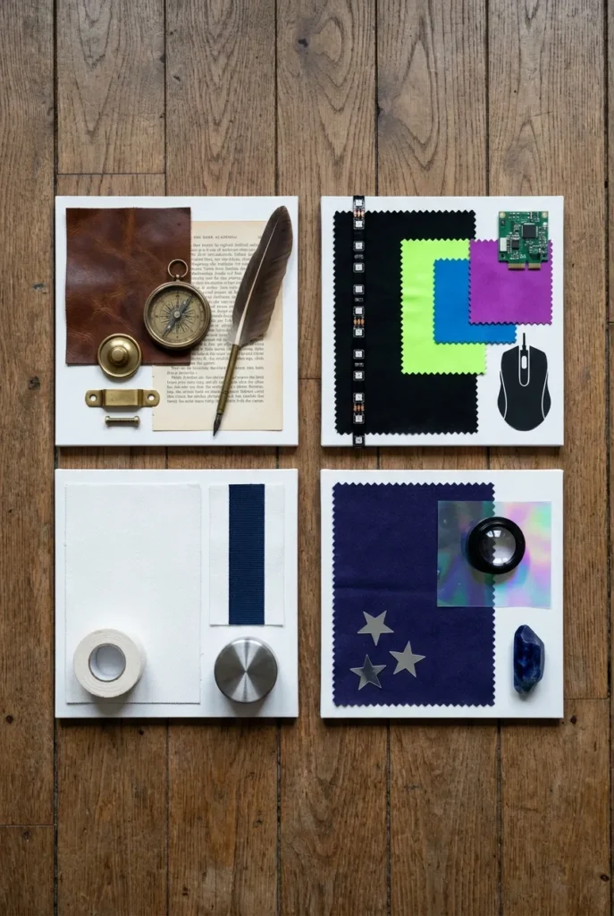 Four teen boy reading nook style mood boards laid out on a wood floor.