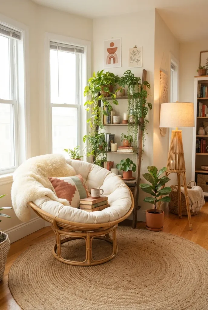 Fully styled boho papasan reading nook with plants, jute rug, and layered textures.
