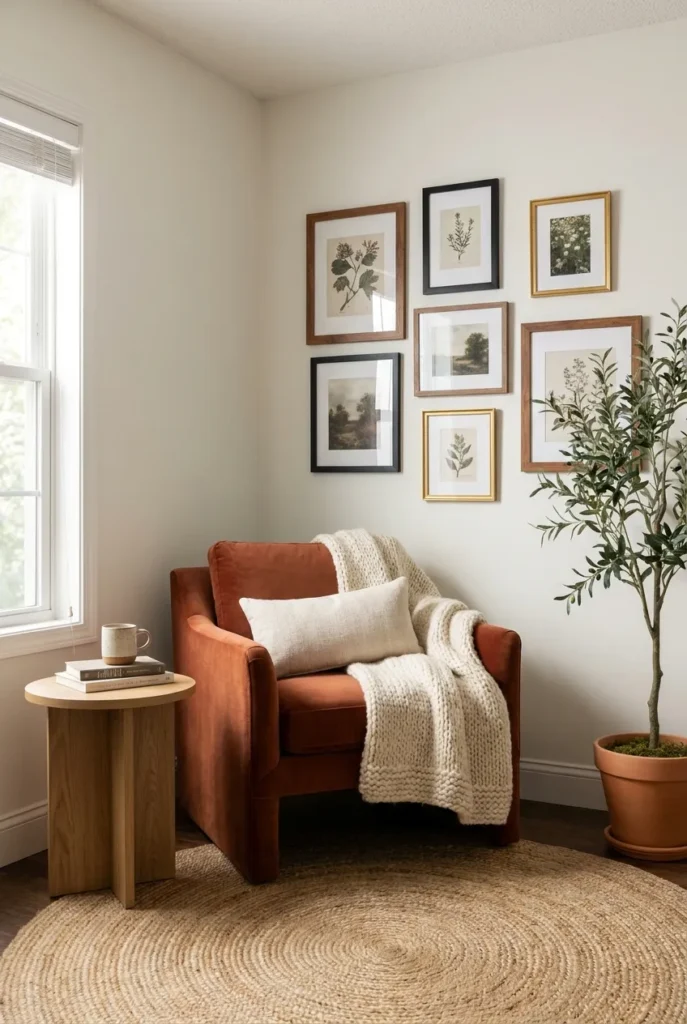 Fully styled reading nook with a gallery wall, chair, rug, and side table.