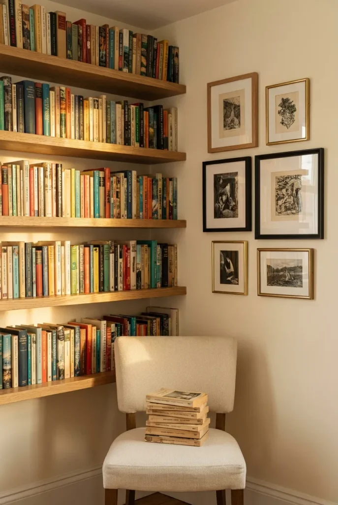 Gallery wall blending framed art with book spines on floating shelves in a nook.