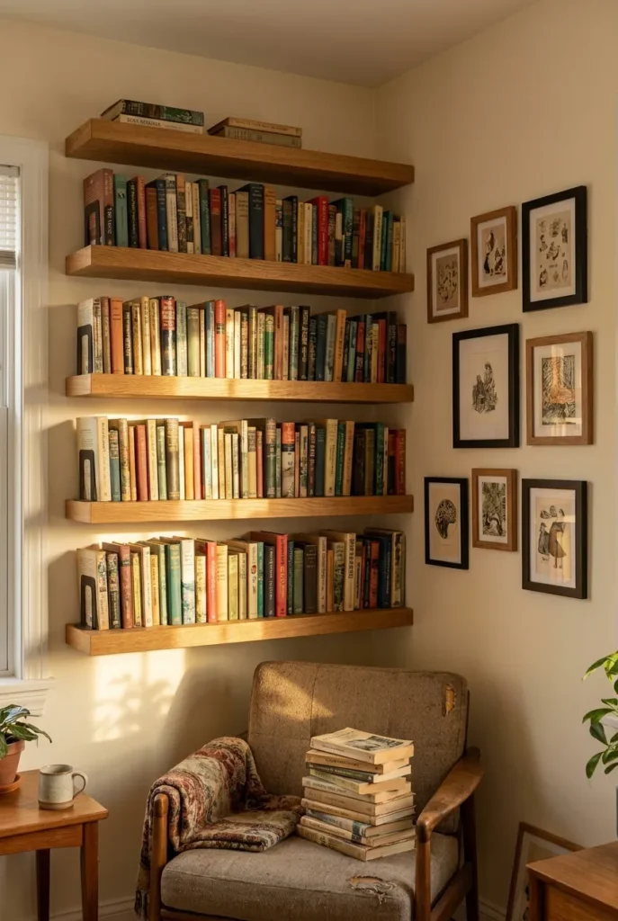 Gallery wall blending framed art with book spines on floating shelves in a nook.