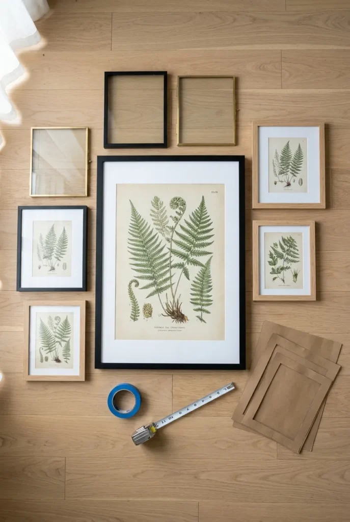 Gallery wall frames and paper templates laid out on the floor before hanging.