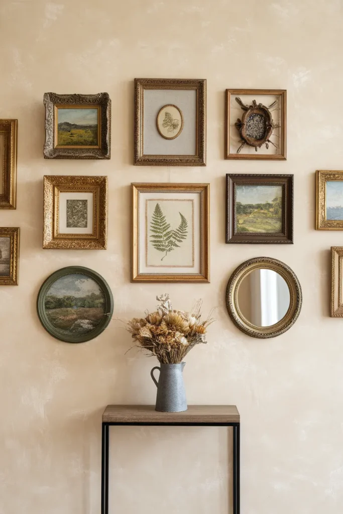 Gallery wall of thrifted landscapes and cross stitch in mismatched frames, cottagecore wall decor