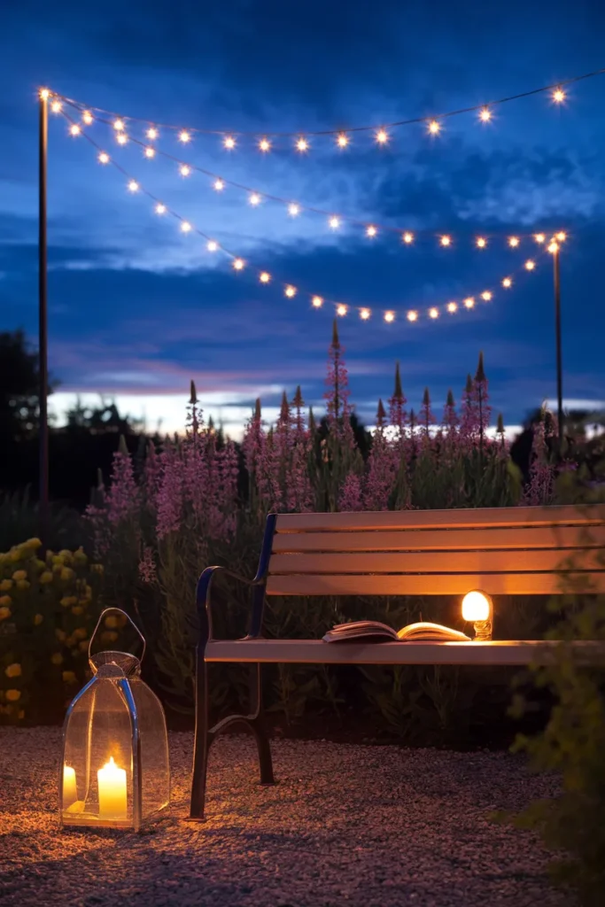 Garden bench lit by warm string lights and a lantern at blue hour.