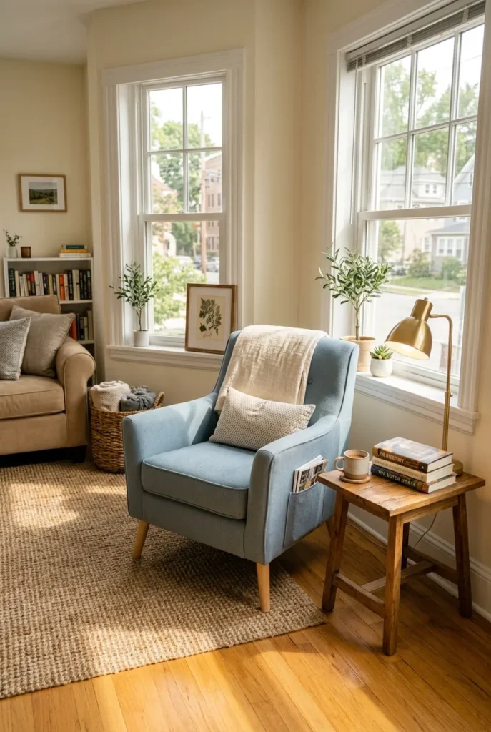 Powder blue reading nook armchair by a sunny window with a cream throw and books.