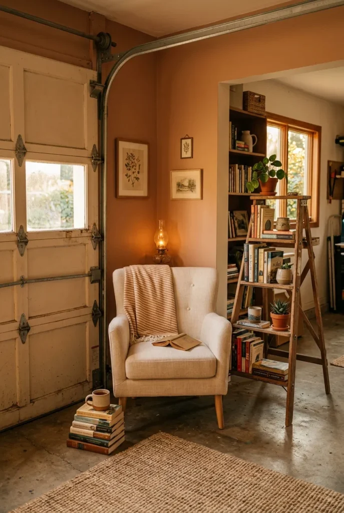 Cozy garage reading nook in a corner at golden hour with an armchair and books.