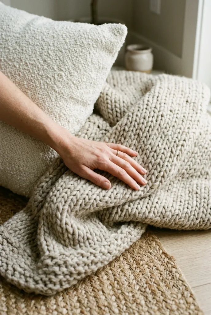 Layered boucle pillow, knit throw, and jute rug textures in a cozy dorm reading nook.