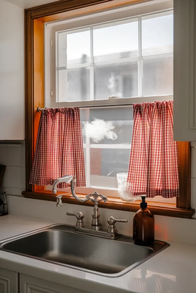 Gingham cafe curtain on a tension rod over a kitchen sink window in morning light.