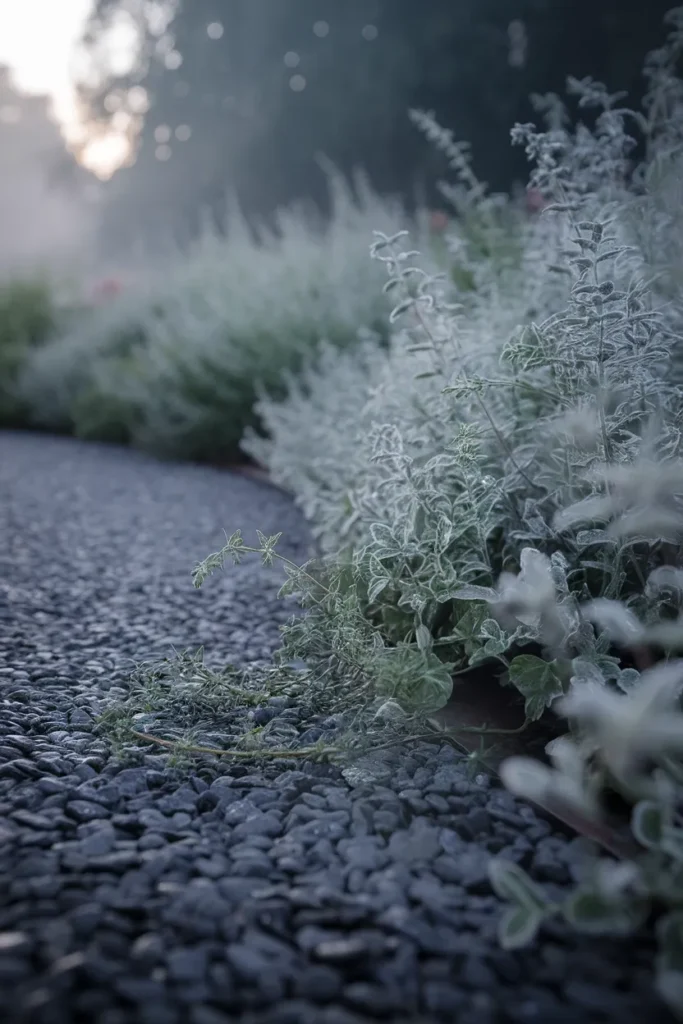 Gravel garden path curving past catmint and creeping thyme in morning mist.