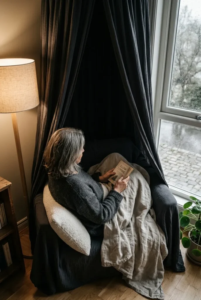 Grown-up charcoal muslin canopy reading nook with an armchair and linen throw.