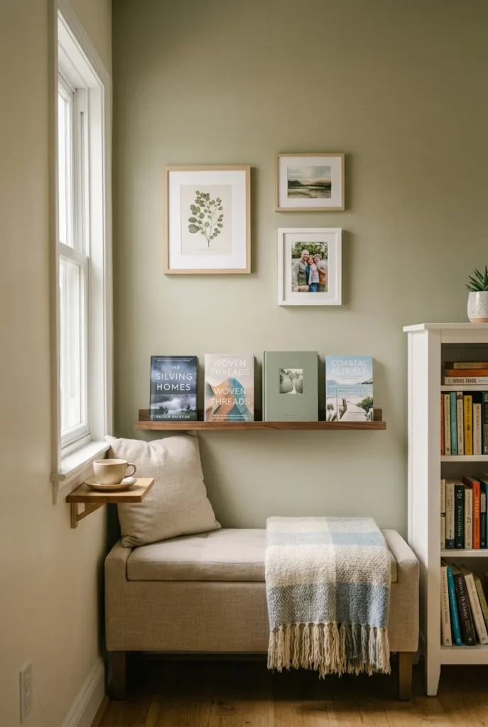 Hallway nook wall with a small gallery arrangement and a picture ledge of face-out books.