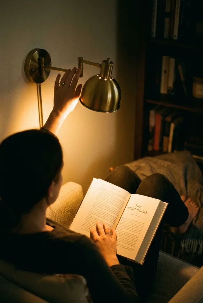 Hand adjusting a brass swing-arm sconce over an open book in a lamp-lit nook at night.
