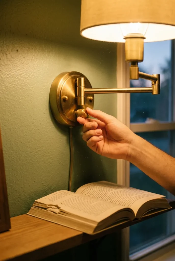 Hand adjusting a warm 2700K bulb on a brass sconce, glowing against a sage green wall.