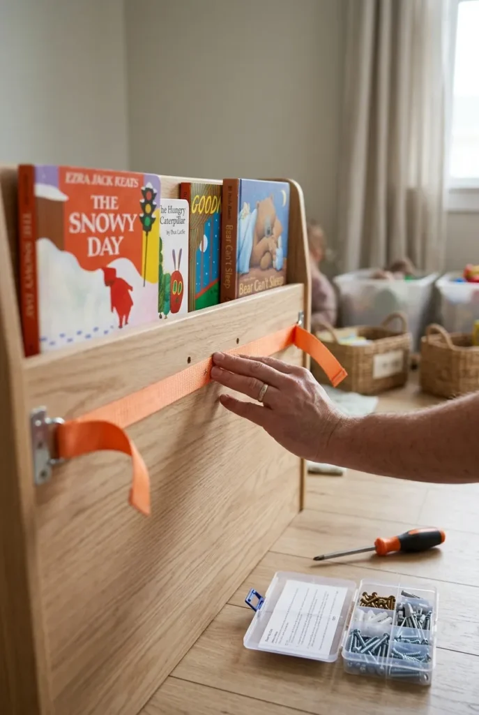 Hand attaching a furniture anchor strap to a low bookshelf in a daycare reading corner.