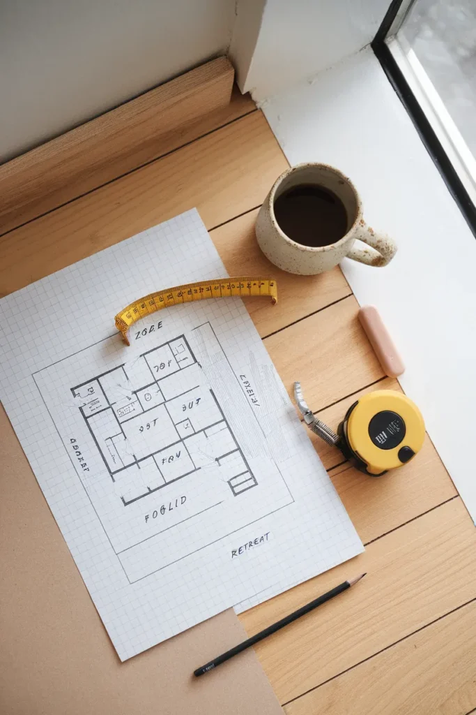 Hand-drawn studio apartment layout plan with four labeled zones and a tape measure.
