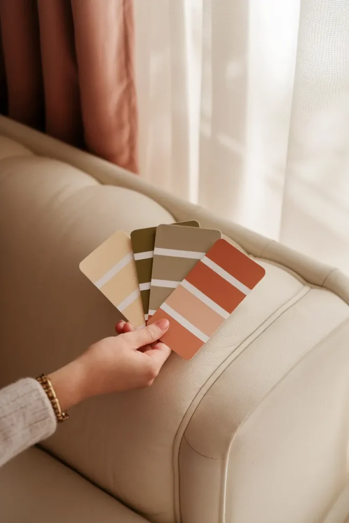 Hand fanning warm paint swatches beside a cream sofa for a cottage color palette