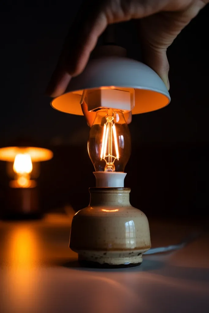 Hand fitting a 2700K warm white bulb into a ceramic lamp at night