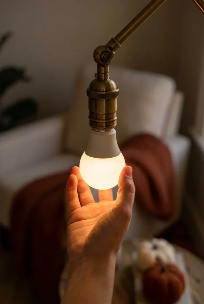 Hand installing a 2700K warm bulb in a reading nook lamp for fall glow.