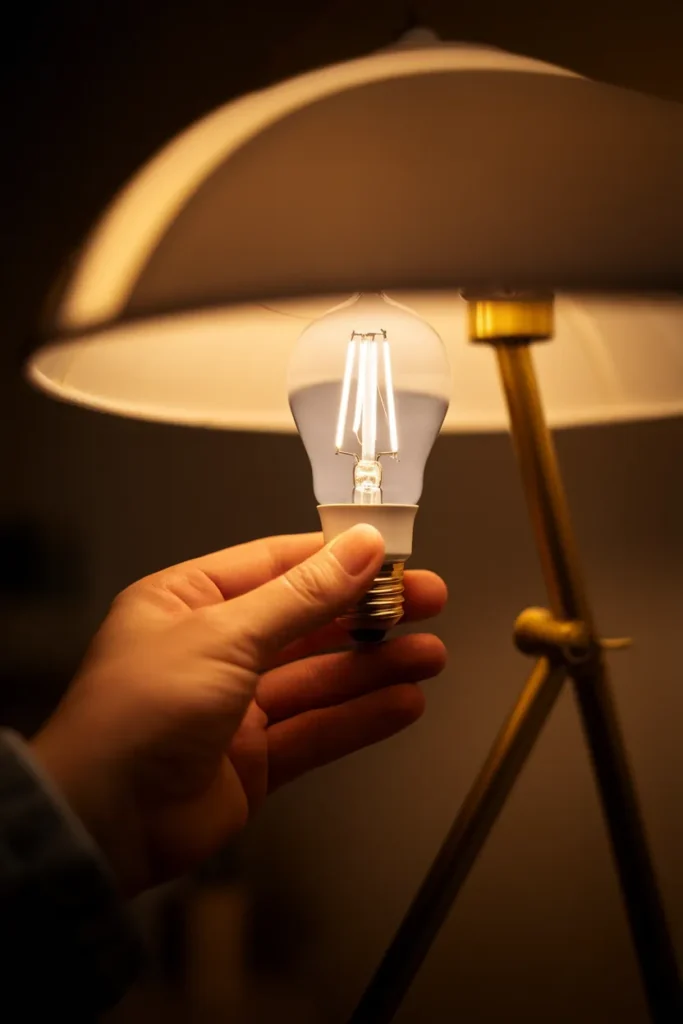 Hand installing a warm white 2700K bulb into a lamp for cozy lighting.
