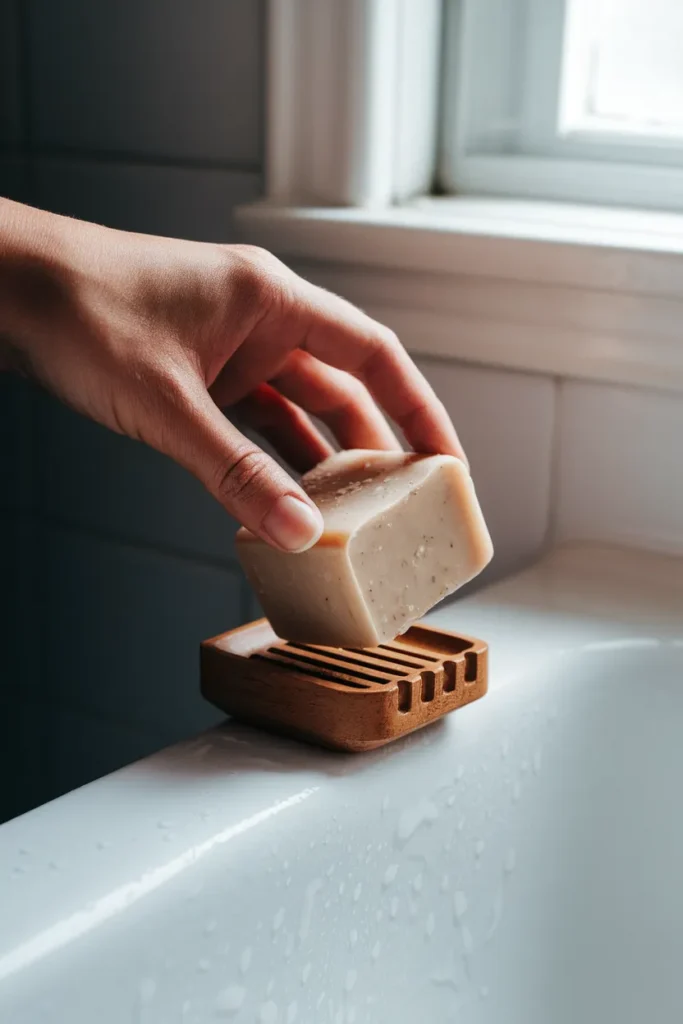 Hand lifting a worn bar of oatmeal soap from a ribbed wooden dish on a sink