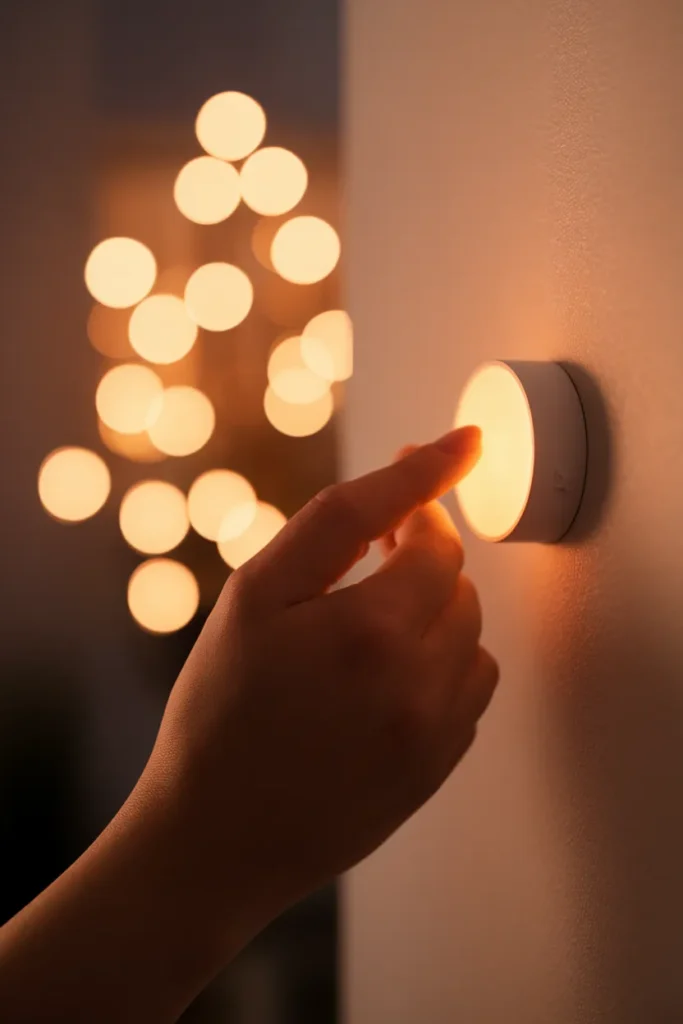 Hand lowering a dimmer to shift warm lights to a soft amber evening glow.
