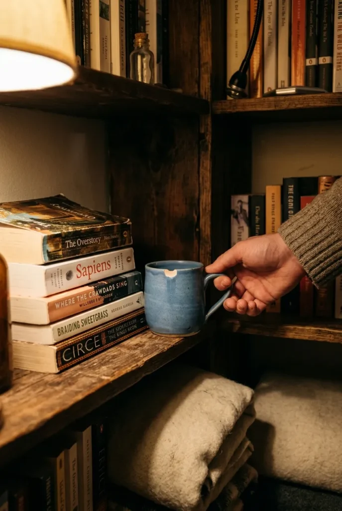 Hand placing a chipped mug on a corner shelf beside a leaning stack of books.