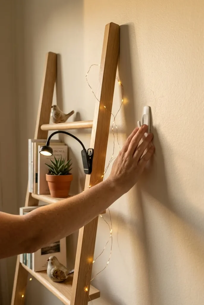 Hand pressing adhesive hook by a leaning bookcase for a renter-safe reading nook.