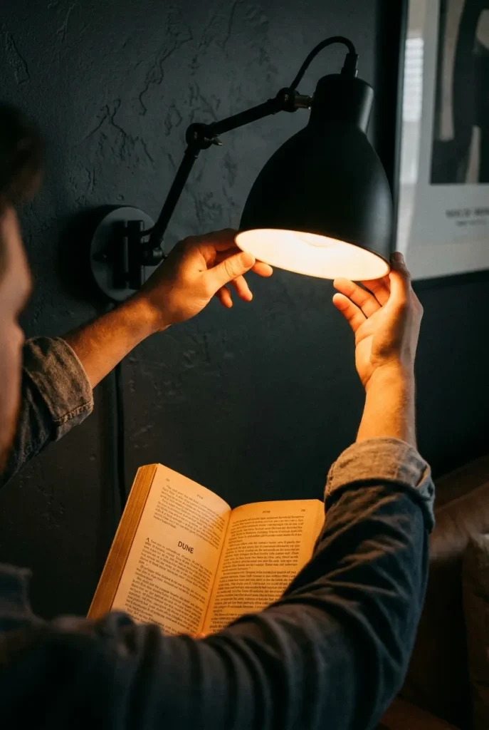 Hands adjusting a swing-arm reading sconce over an open book at night.