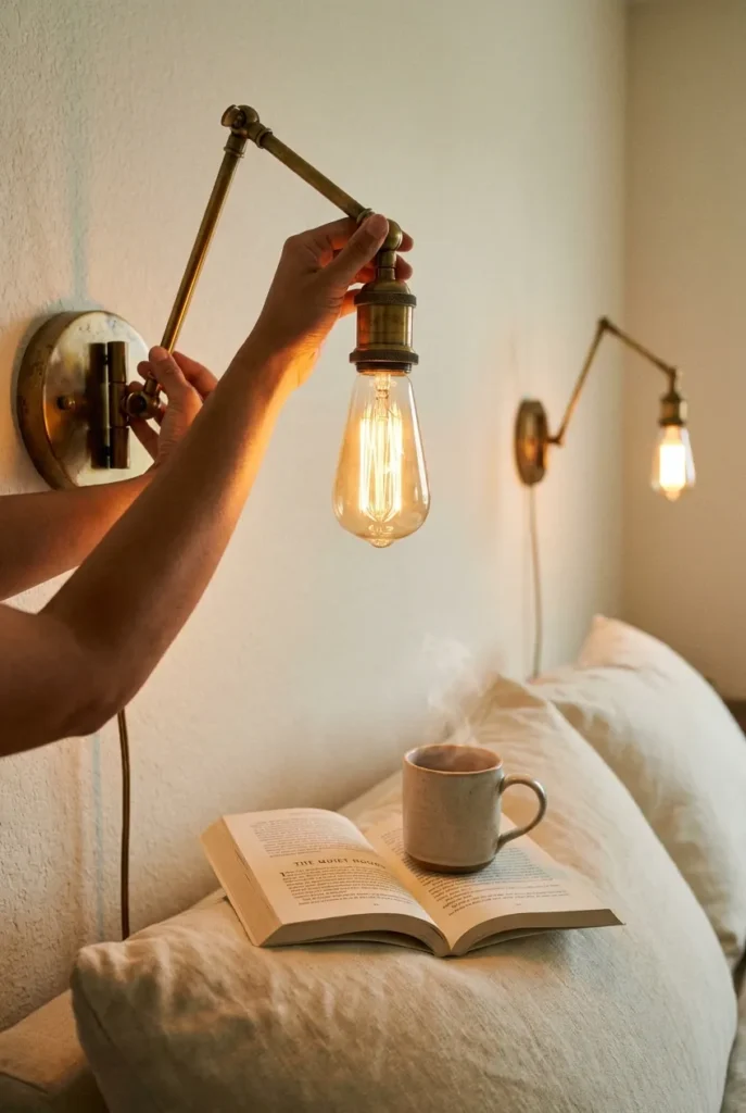 Hands adjusting a warm plug-in sconce over a reading nook bench for two, second sconce glowing behind.
