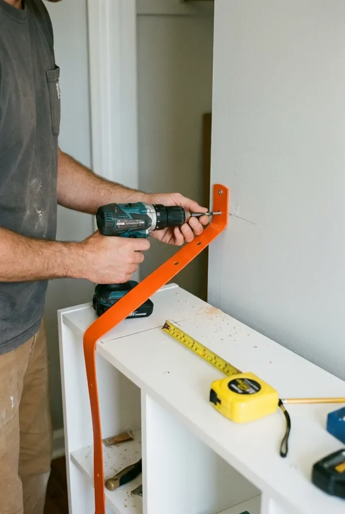 Hands anchoring a nursery bookcase to the wall with an anti-tip strap for baby safety.