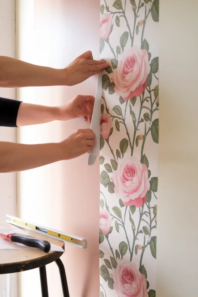 Hands applying floral peel-and-stick wallpaper to create a renter-friendly reading nook wall.