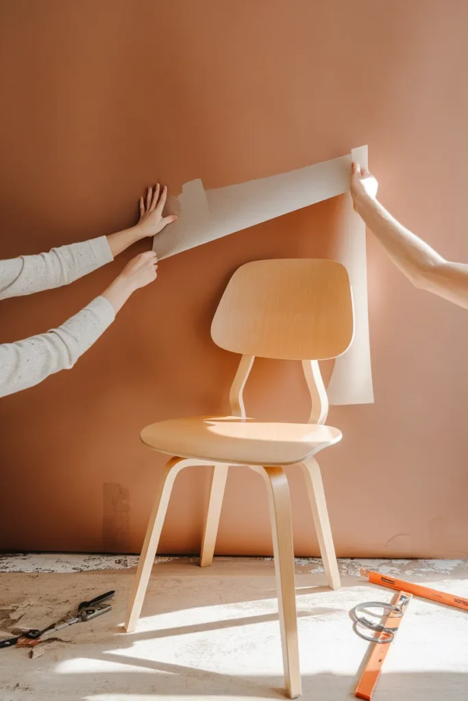 Hands applying peel-and-stick terracotta wallpaper behind a renter reading nook chair.