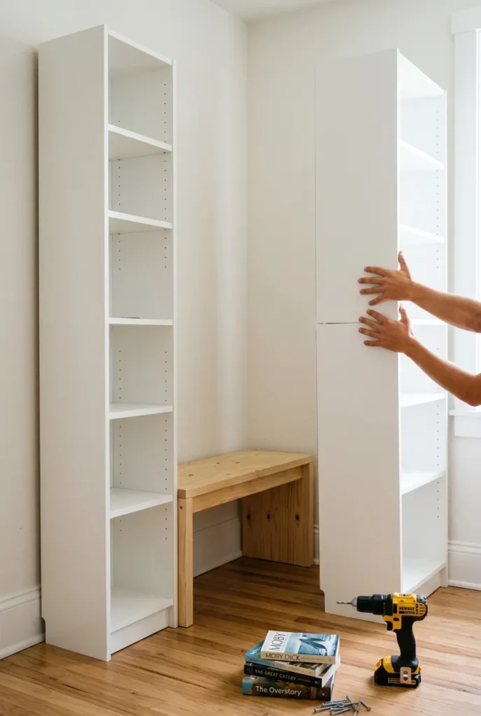 Hands assembling a BILLY bookcase corner nook with a bench slotted between shelves.