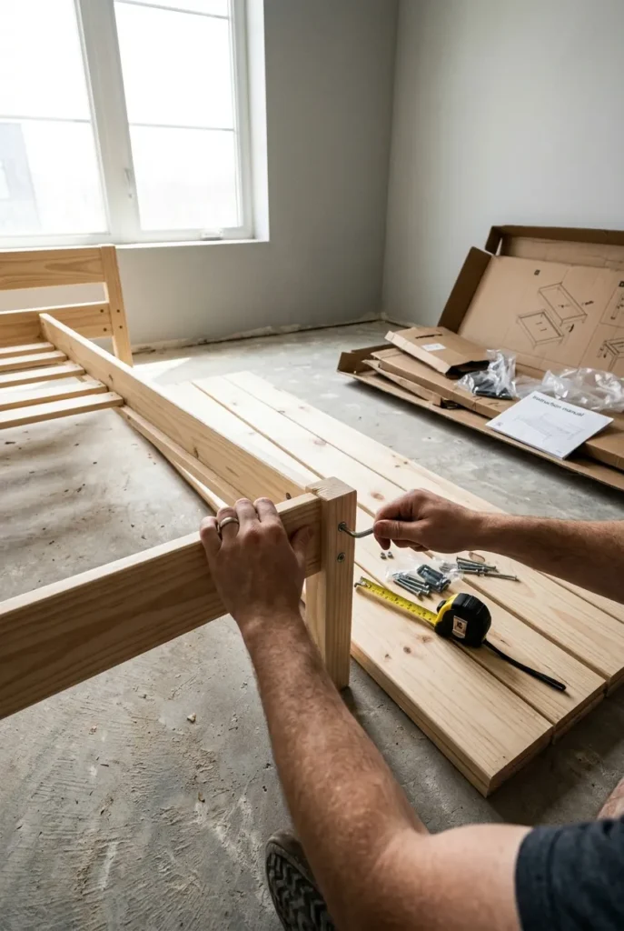 Hands assembling a wooden daybed frame with a tape measure and tools on the floor.