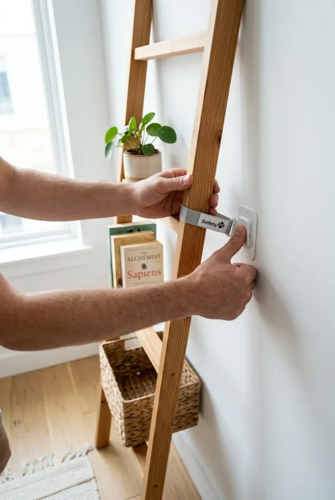 Hands attaching a no-drill anchor strap to a leaning library shelf in a rental