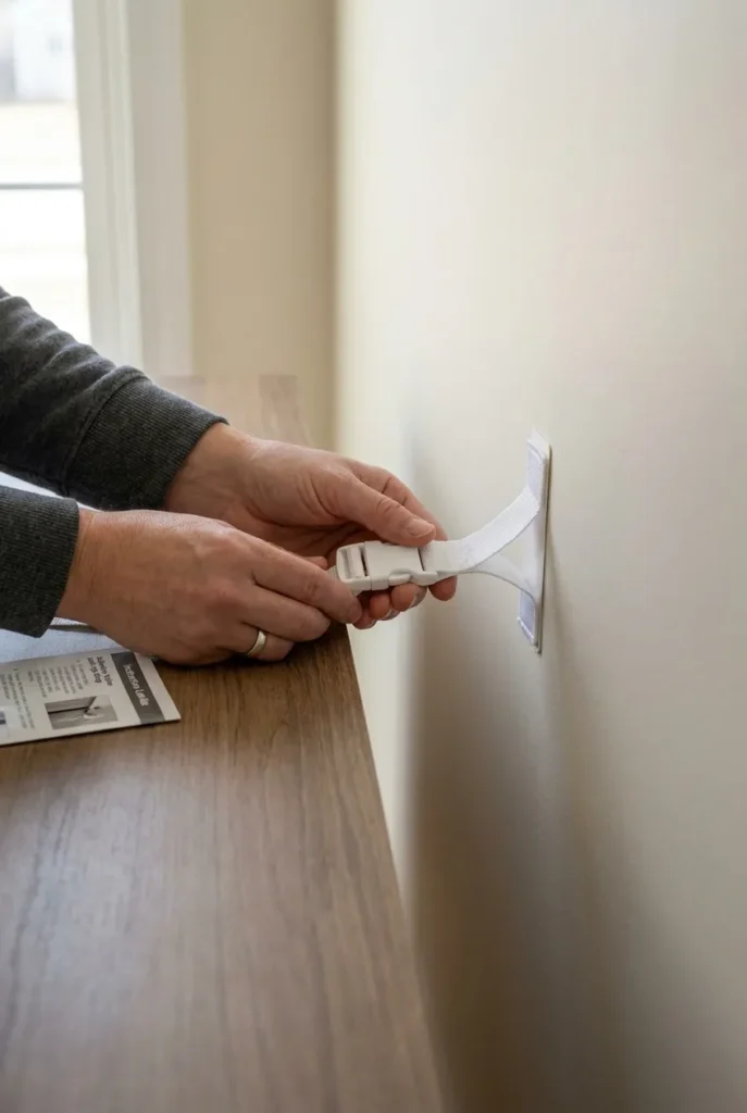 Hands attaching a no-drill anti-tip strap to anchor a console to the wall.